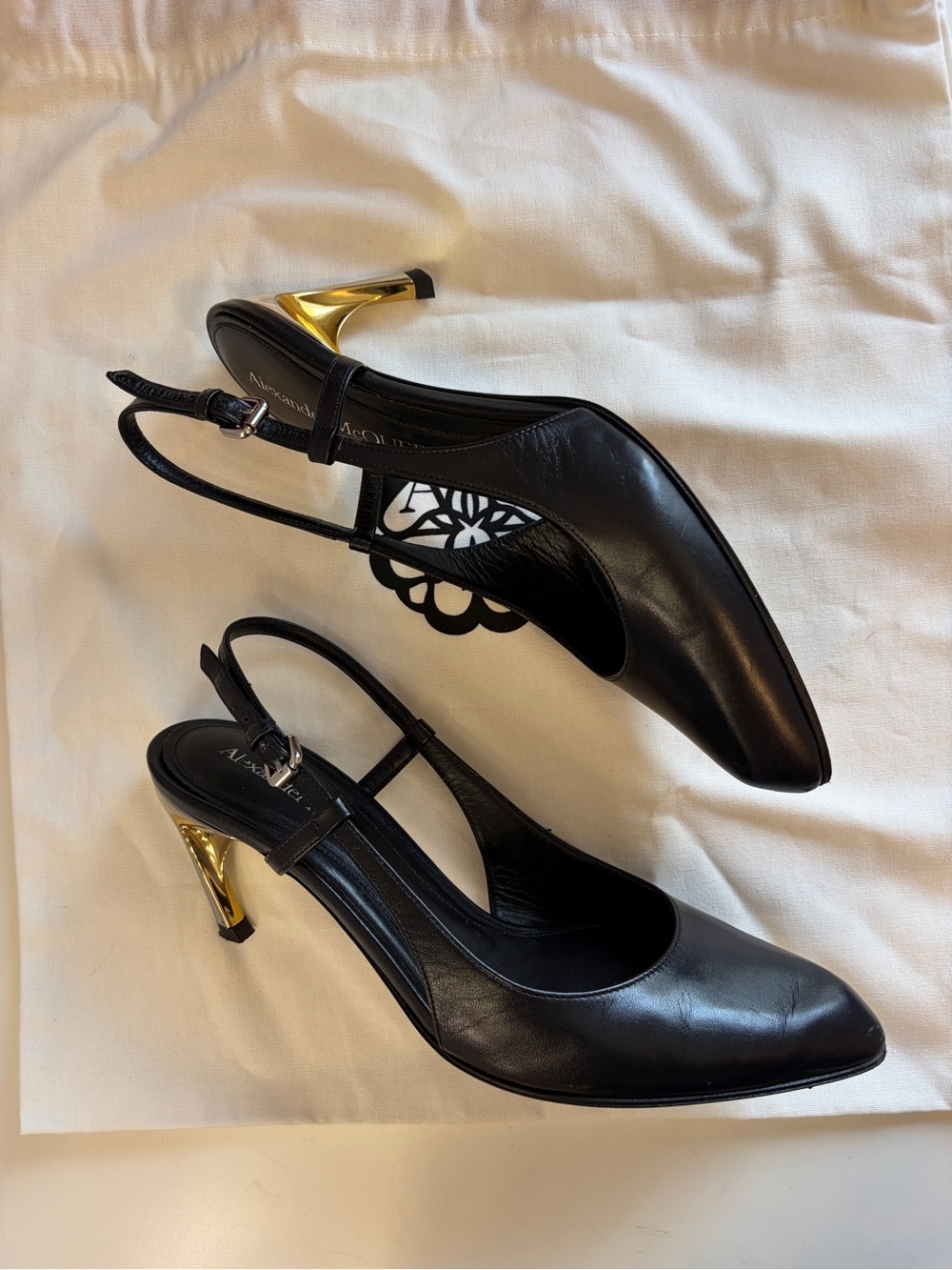 Alexander McQueen Armadillo Black Gold Slingback Pumps 38